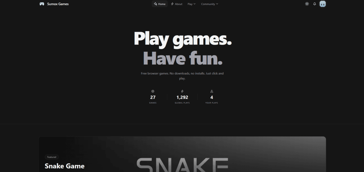 Sumox Games platform homepage with game modes and status display